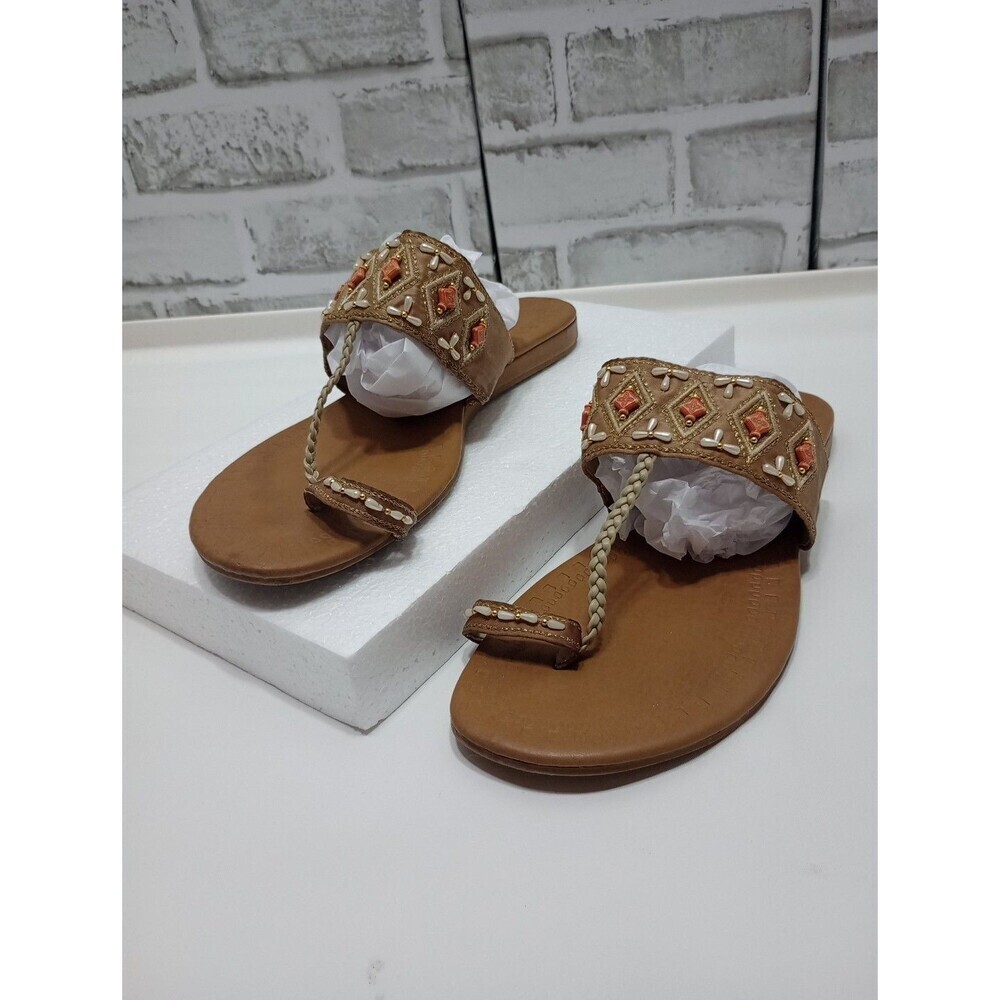 Montego Bay Club Thong Sandal Slip On Fl Tan Brown Women's Sz 9 BEADED